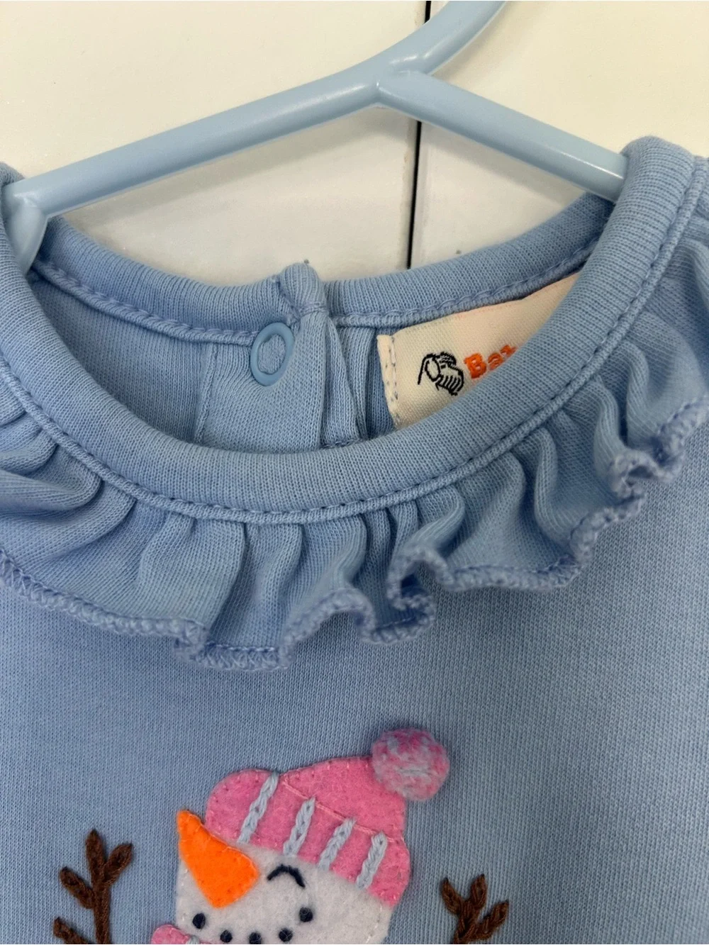 Baby Luigi Girls 6M Blue Snowman Knit Coverall One-Piece Ruffle Snap Winter